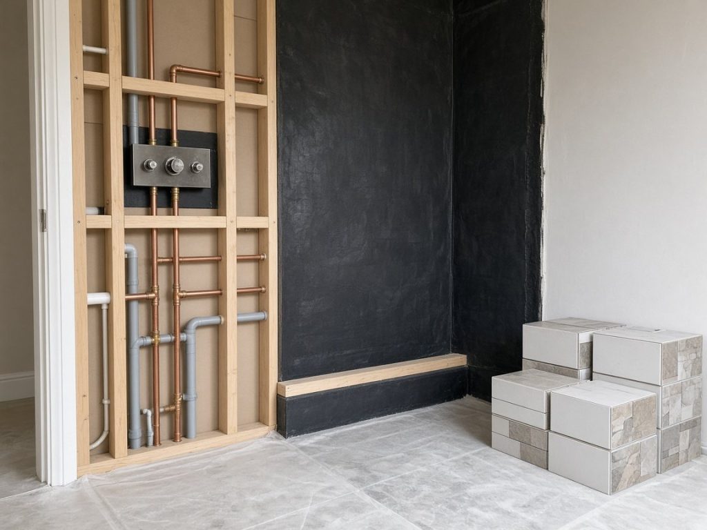 Bathroom first-fix plumbing in progress