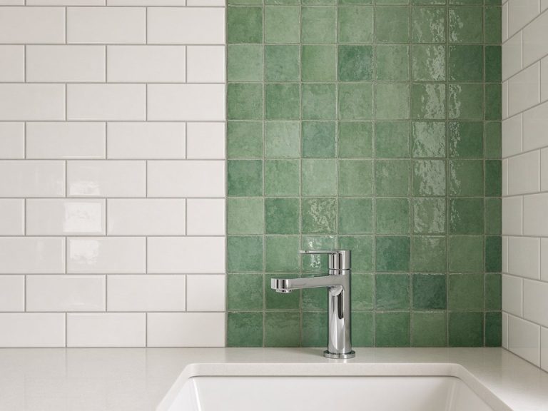Bathroom tiling with green feature wall