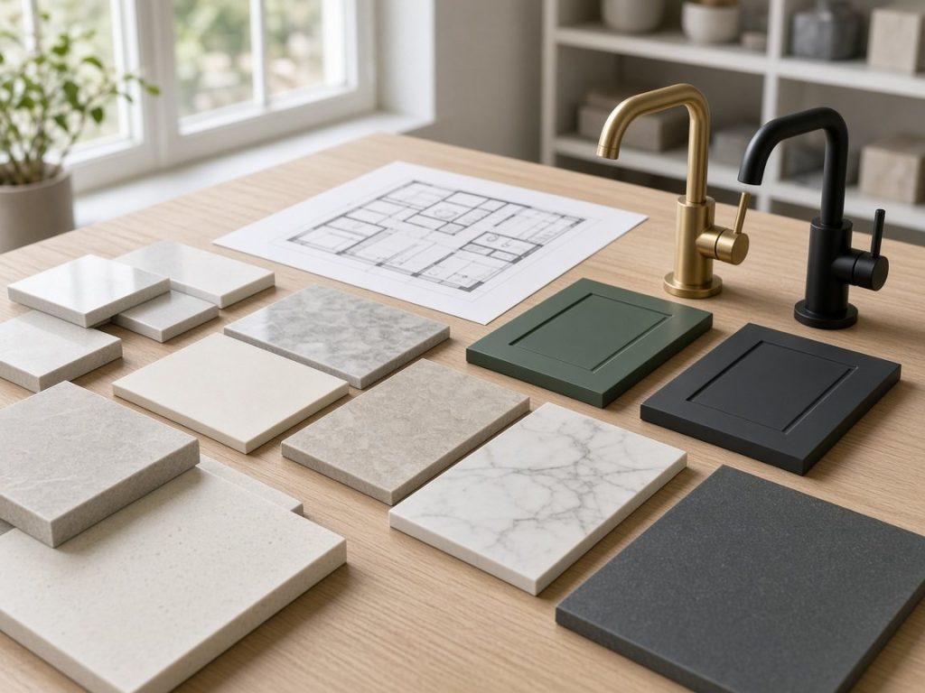 Worktop, tile and cabinet samples