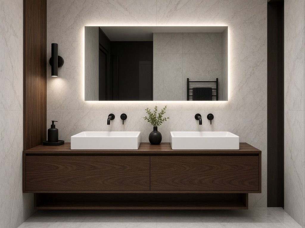 Double vanity with backlit mirror