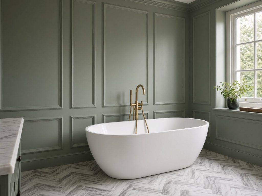 Freestanding bath in a panelled bathroom