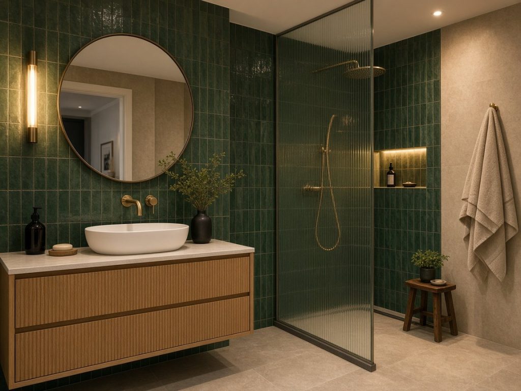 Green tiled en-suite with walk-in shower