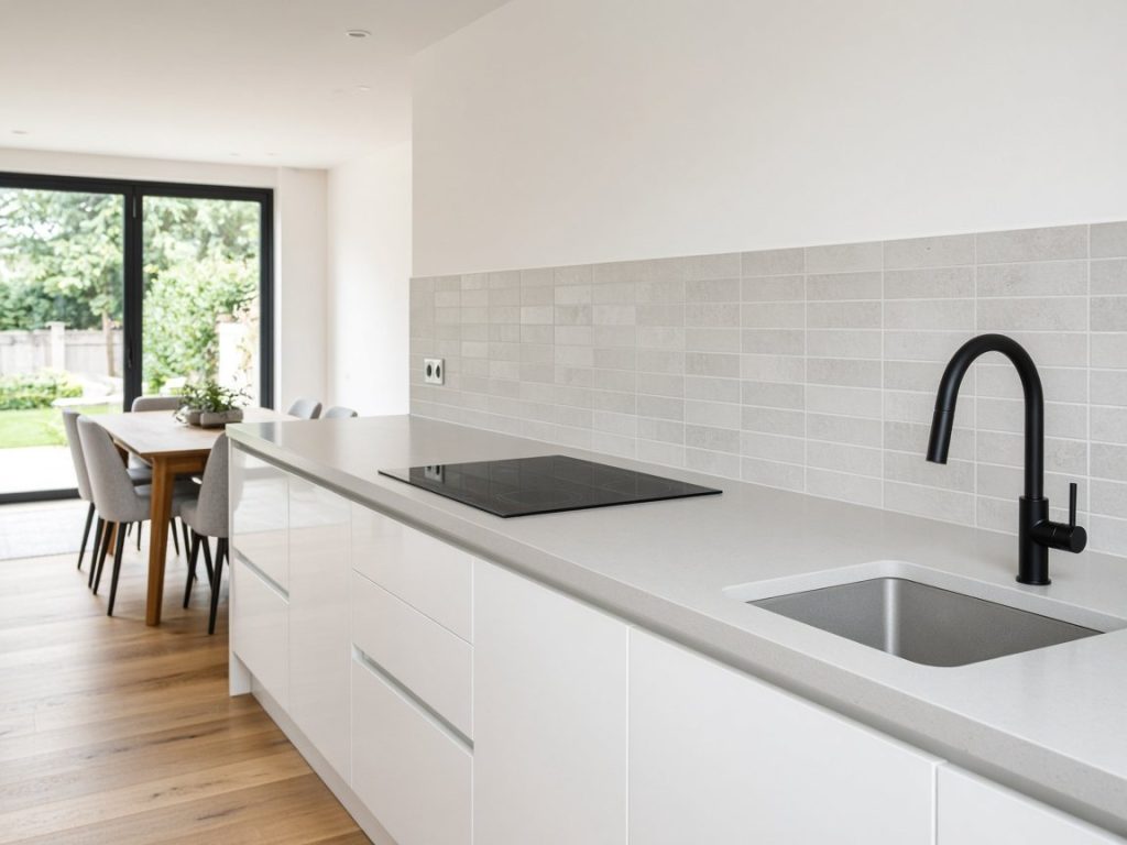 Kitchen quartz worktop and black tap