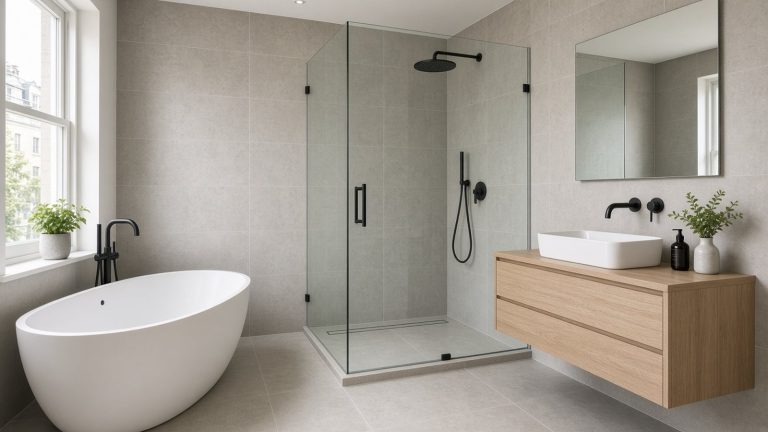 Modern bathroom with freestanding bath and walk-in shower