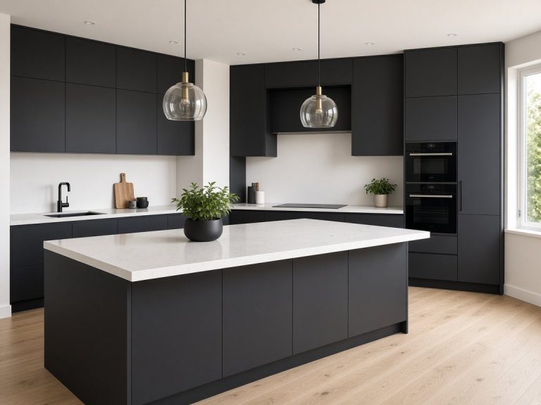 Modern kitchen with island and quartz worktop
