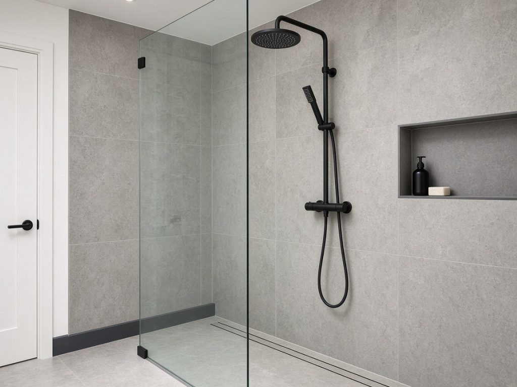 Walk-in shower with matte black fittings